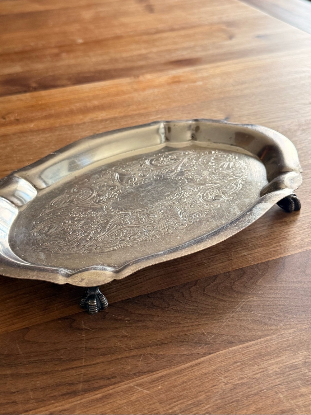 Vintage footed tray with etching and patina